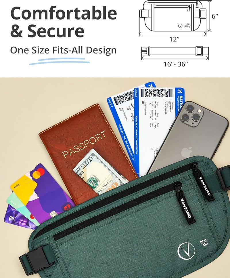 Vantamo حزام نقود مع RFID للرجال والنساء، حامل جواز سفر مخفي للسفر، حقيبة خصر للسفر بجيبين للنساء مضادة للسرقة - Image 4